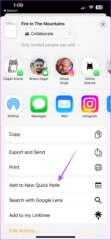 add to new quick note pages app iphone