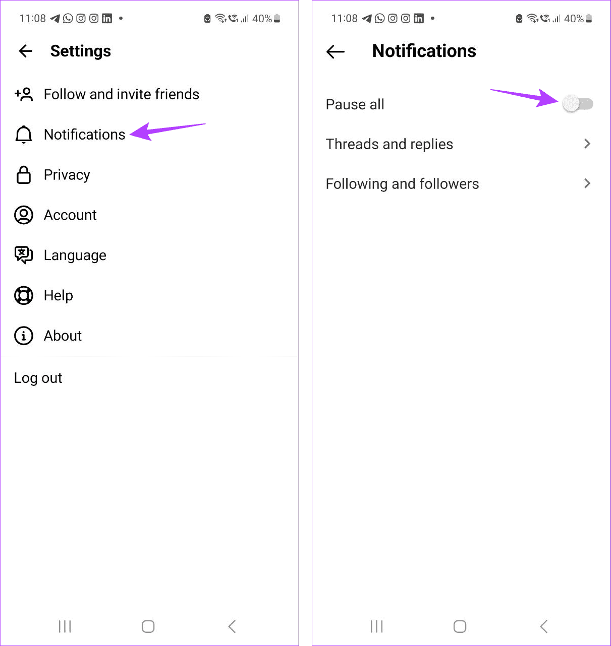Open Threads notification settings
