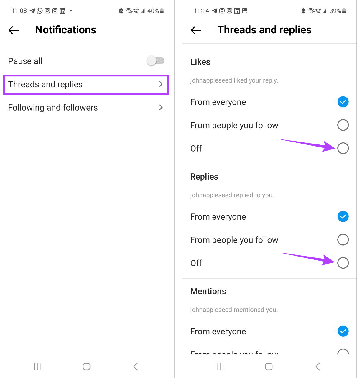 Turn off Threads and replies Notifications